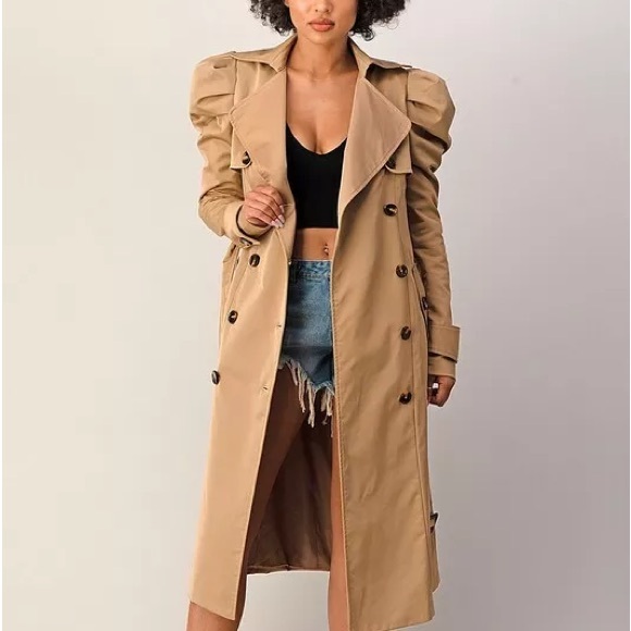 Double Breasted Puffed Shoulder Belted Trench Coat - Picture 5 of 8